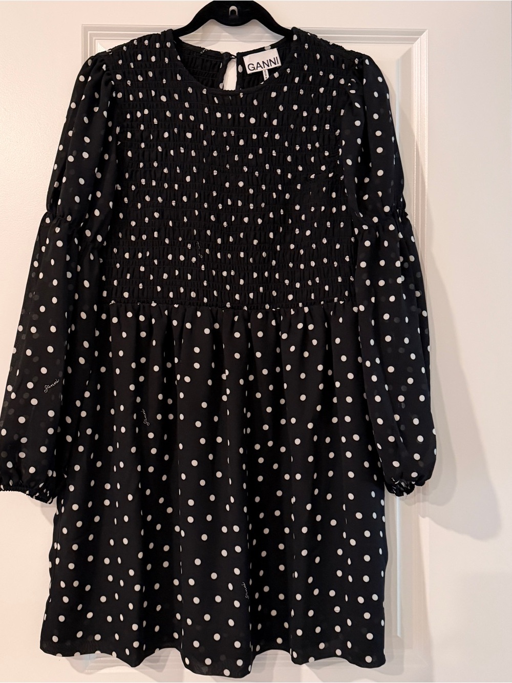 New Gianni Black and White Polka Dot Long Sleeve Mini Dress